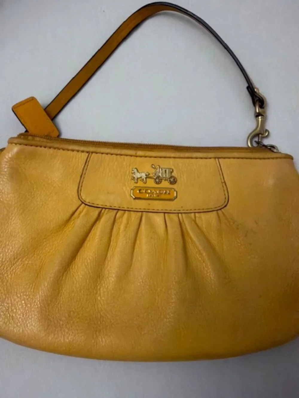 Coach yellow pleated leather #Coach wristlet clutch small size